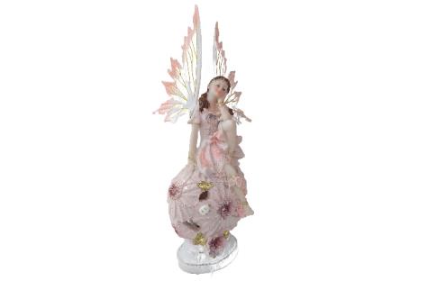 FIGURAS DE HADAS, DUENDES, GNOMOS Y NINFAS | FIGURA HADA PENSATIVA COLOR ROSA SOBRE BOLA FLORAL 24,5CM