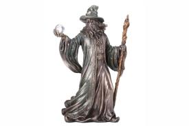 FIGURAS SANTOS Y ARCANGELES | FIGURA MAGO CON BOLA DE CRISTAL, BACULO Y TRIQUETA 20,50X14 CM