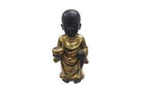 FIGURAS DIOSES, BUDAS Y MONJES | FIGURA MONJE BUDA DE PIE DORADO CON CUENCO 22.5X12X10 CM.