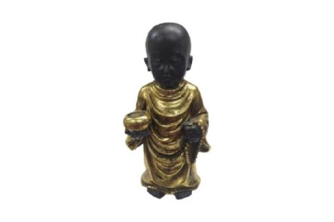 FIGURAS DIOSES, BUDAS Y MONJES | FIGURA MONJE BUDA DE PIE DORADO CON CUENCO 22.5X12X10 CM.