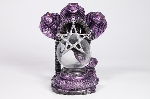 HADAS, BRUJAS Y FANTASA | FIGURA PENTAGRAMA CUSTODIADO POR TRIPLE COBRA COLOR LILA BASE ESPECIAL PARA BOLA DE CRISTAL O MINERAL 13X10,5 CM.