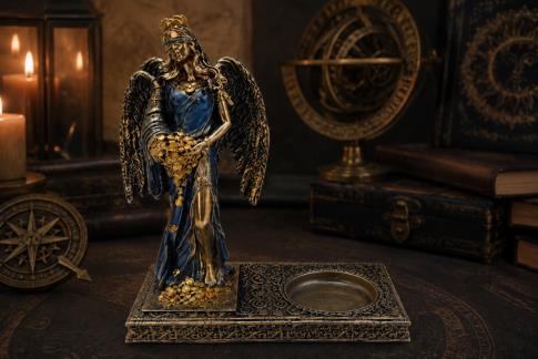 COMODIN | FIGURA PORTALUMINAS DIOSA JUSTICIA ALADA COLOR DORADO Y AZUL 20 X 17 CM.