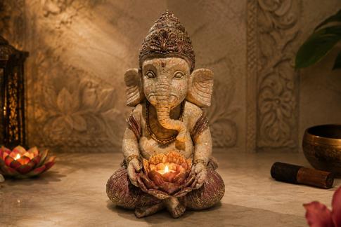 COMODIN | FIGURA PORTALUMINAS RESINA GANESHA  TONOS ROSADOS 28X18CM.