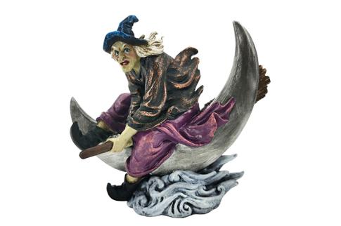 HADAS, BRUJAS Y FANTASA | FIGURA RESINA BRUJA SOBRE ESCOBA POSADA EN LUNA 12X13X6CM