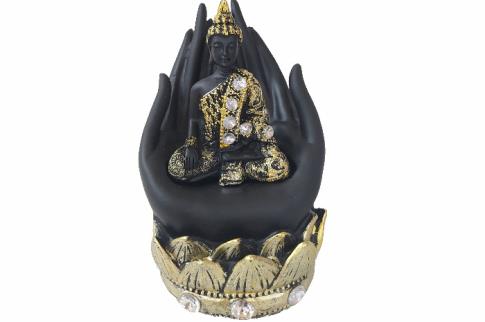 FIGURAS DIOSES, BUDAS Y MONJES | FIGURA RESINA BUDA SOBRE MANO NEGRA 9x14CM
