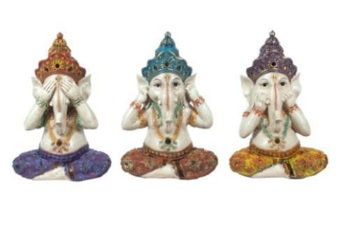 COMODIN | FIGURA RESINA GANESHA DE COLORES.(NO VER- NO OIR Y CALLAR) 15x9x21 cm.