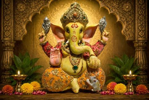 BUDAS Y GANESHAS | FIGURA RESINA GANESHA SENTADA EN VIVOS COLORES 30X16 CM.