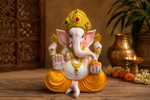 COMODIN | FIGURA RESINA GANESHA SENTADA TONOS DORADOS Y NARANJAS 38X20CM.