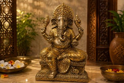 COMODIN | FIGURA RESINA GANESHA SOBRE PEDESTAL TONOS DORADOS 60X37CM.