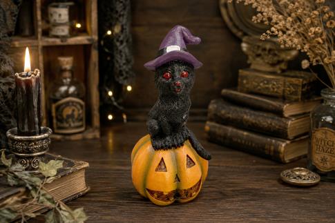 HADAS, BRUJAS Y FANTAS�A | FIGURA RESINA GATO NEGRO CON SOMBRERO DE BRUJA SOBRE CALABAZA DE HALLOWEEN 21X10CM.