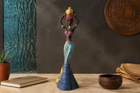 HADAS, BRUJAS Y FANTAS�A | FIGURA RESINA MUJER AFRICANA ESTILIZADA TONOS AZULES SOSTENIENDO JARRA SOBRE LA CABEZA 41 X 12 CM.