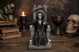 SANTOS Y ARCANGELES | FIGURA RESINA SANTA MUERTE NEGRA EN TRONO 22X12CM