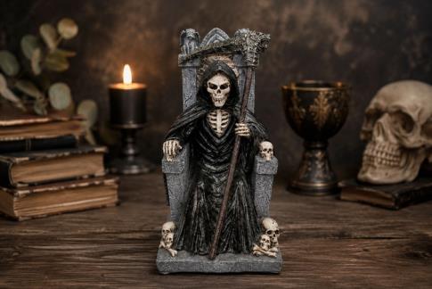 SANTOS Y ARCANGELES | FIGURA RESINA SANTA MUERTE NEGRA EN TRONO 22X12CM