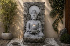 FUENTES | FUENTE BUDA EFECTO PIEDRA CON PARED ALADRILLADA TRASERA GRAN FORMATO 121X60X48CM.