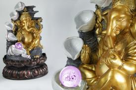 FUENTES | FUENTE GANESHA DORADA CON SALTOS DE AGUA EN CONCHAS Y LUZ LED 54CM