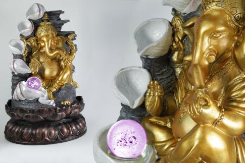 FUENTES | FUENTE GANESHA DORADA CON SALTOS DE AGUA EN CONCHAS Y LUZ LED 54CM