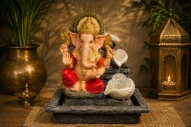 FUENTES | FUENTE GANESHA EN VIVOS COLORES CON  CONCHAS COLOR BLANCO 40X31X23CM.