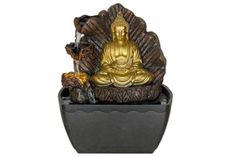 COMODIN | FUENTE RESINA BUDA C/LUZ AMARILLA 13 X 12.5 X 18 CM.
