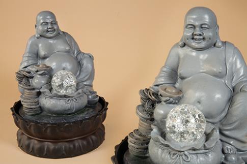 FUENTES FENG SHUI | FUENTE RESINA GRIS CON BUDA DE LA ABUNDACIA Y CON BOLA 21x27CM