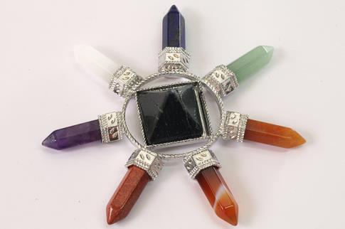 COLLARES, PULSERAS, PENDIENTES Y ANILLOS | GENERADOR DE ENERGIA CON PIRAMIDE DE TURMALINA EN EL CENTRO Y PUNTAS DE MINERALES DE LOS 7 CHAKRAS