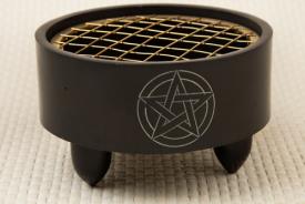 PORTAINCIENSOS | INCENSARIO BOL PIEDRA JABON NEGRA Y REJILLA CON PENTAGRAMA 10.5 X 5.5 CM.