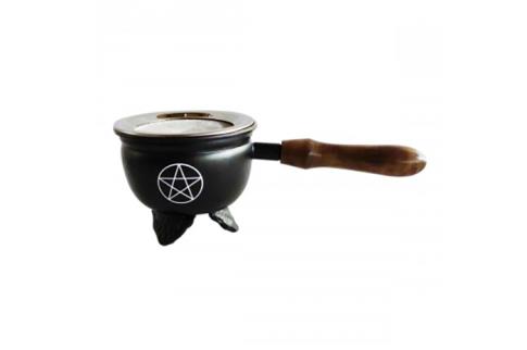 PORTAINCIENSOS | INCENSARIO CALDERO DE HIERRO NEGRO CON MANGO DE MADERA Y DISE�O DE PENTAGRAMA 22,5X10X8,5CM