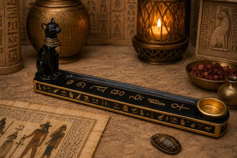 COMODIN | INCENSARIO GONDOLA DIOSA BASTET CON SIMBOLOGIA EGIPCIA GRABADA COLOR NEGRO Y DORADO 9,5 X 25 CM.