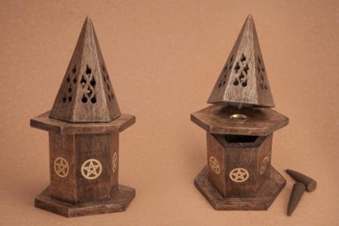 PORTAINCIENSOS | INCENSARIO MADERA PIRAMIDE INCRUSTACIONES PENTAGRAMA 16X5X8.5 CMS