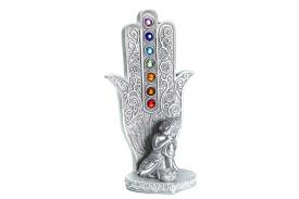 PORTAINCIENSOS | INCENSARIO MANO DE FATIMA CON BUDA Y PEDRERIA DE 7 CHAKRAS 16 X 8,5 CM.