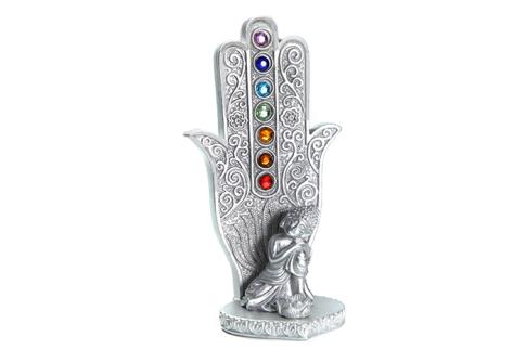 PORTAINCIENSOS | INCENSARIO MANO DE FATIMA CON BUDA Y PEDRERIA DE 7 CHAKRAS 16 X 8,5 CM.