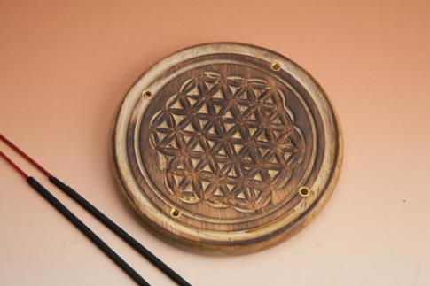 PORTAINCIENSOS | INCENSARIO REDONDO MADERA DECORADO FLOR DE LA VIDA 10 CMS
