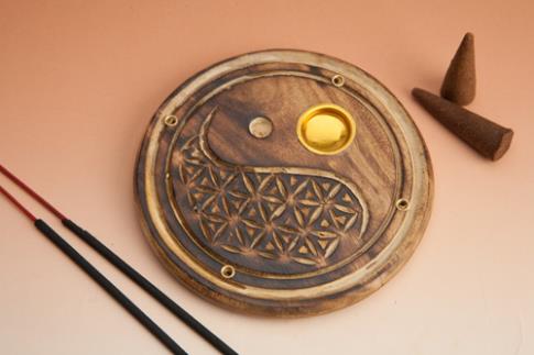 PORTAINCIENSOS | INCENSARIO REDONDO MADERA DECORADO YING YANG 10 CMS