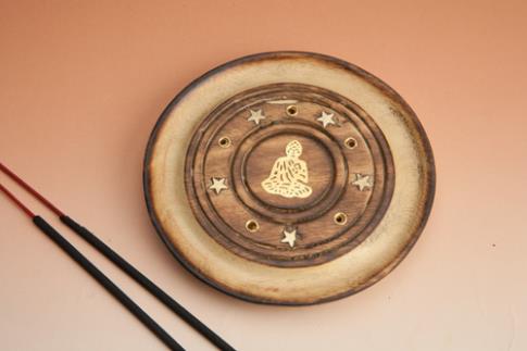 PORTAINCIENSOS | INCENSARIO REDONDO MADERA ESTRELLAS Y BUDA 10 CMS