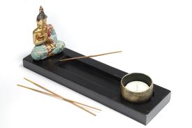 PORTAINCIENSOS | INCENSARIO Y PORTALUMINAS BUDA DORADO TONOS AZULES  12 X 24 CM.