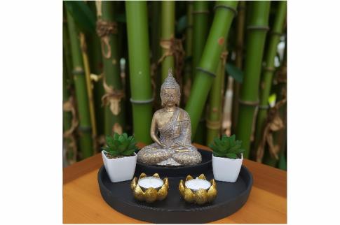 FIGURAS VARIAS | JARDIN ZEN BUDA DORADO RESINA 26X26X18 CM.