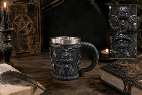 HADAS, BRUJAS Y FANTAS�A | JARRA GATITO NEGRO CON SOMBRERO Y OTRAS SIMBOLOS ESOT�RICOS 12X15X8CM