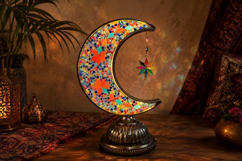COMPLEMENTOS FENG SHUI | LAMPARA LUNA ESTILO ARABE CON CRISTALITOS DE COLORES (DIFERENTES INTENSIDADES DE LUZ) 22X15CM. (COLORES SURTIDOS)