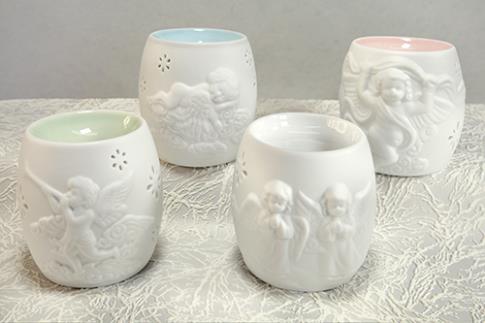 LAMPARILLAS QUEMAPERFUMES | LAMPARILLA QUEMADOR DE CERAMICA BLANCA. DECORACION ANGELICAL 9x10 cm.