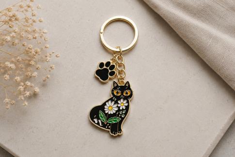 COMODIN | LLAVERO ACERO DORADO GATITO COLOR NEGRO CON CUERPO FLOREADO