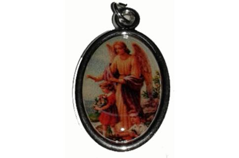 COMODIN | MEDALLA OVALADA PLATEADA ANGEL DE LA GUARDA 1.5 X 2 CM.