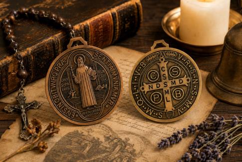 TALISMANES | MEDALLA SAN BENITO DOBLE CARA PARA COLGAR 12,5 X 12,5 CM. (DORADO O COBRIZO)
