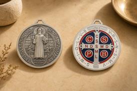 TALISMANES | MEDALLA SAN BENITO DOBLE CARA PARA COLGAR COLOR BLANCO/AZUL/ROJO 12,5 X 12,5 CM.