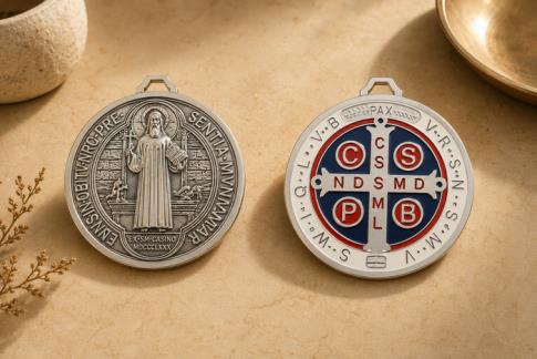 TALISMANES | MEDALLA SAN BENITO DOBLE CARA PARA COLGAR COLOR BLANCO/AZUL/ROJO 12,5 X 12,5 CM.