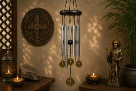 M�VILES | MOVIL CAMPANA DE VIENTO CON MEDALLAS SAN BENITO COLGANTES COLOR DORADO VIEJO 65 X 9 CM.