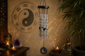 M�VILES | MOVIL CAMPANA DE VIENTO CON SIMBOLO YIN YANG Y TUBOS CON SIMBOLOS YIN YANG GRABADOS COLOR PLATEADO 65 X 9 CM.