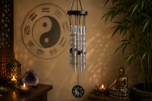 M�VILES | MOVIL CAMPANA DE VIENTO CON SIMBOLO YIN YANG Y TUBOS CON SIMBOLOS YIN YANG GRABADOS COLOR PLATEADO 65 X 9 CM.