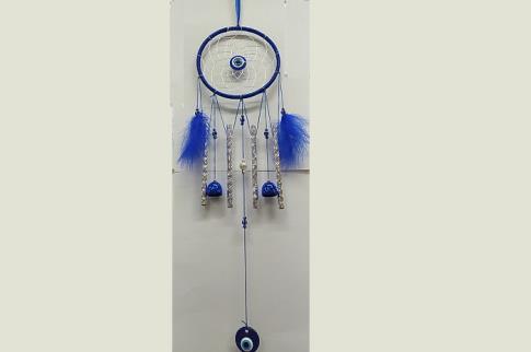 FENG SHUI MOVILES | MOVIL CON DECORACION DE OJO TURCO, PLUMAS Y CAMPANITAS 16X70CM
