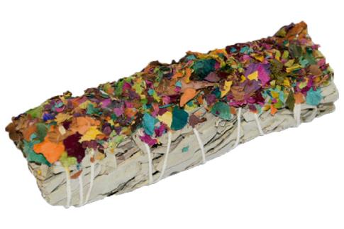 SAHUMITO | PAQUETE 3 ATADITOS SALVIA BLANCA CON VIRUTAS DE PETALOS MULTICOLOR 10 CM (Purificacion y Amor)
