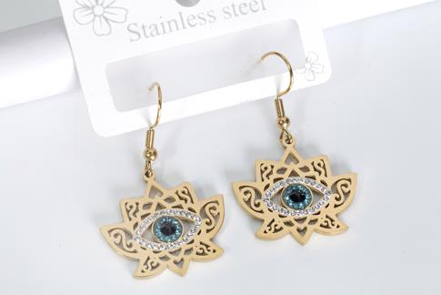 PENDIENTES | PENDIENTES ACERO DORADO FLOR DE LOTO CON OJO TURCO AZUL Y BRILLANTES 2,5 X 2 CM