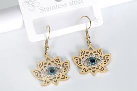PENDIENTES | PENDIENTES ACERO DORADO FLOR DE LOTO CON OJO TURCO AZUL Y BRILLANTES